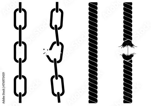 Silhouettes of chains and ropes. A tearing chain. Destruction