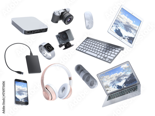 collection of consumer electronics flying in the air 3D render on white background photo