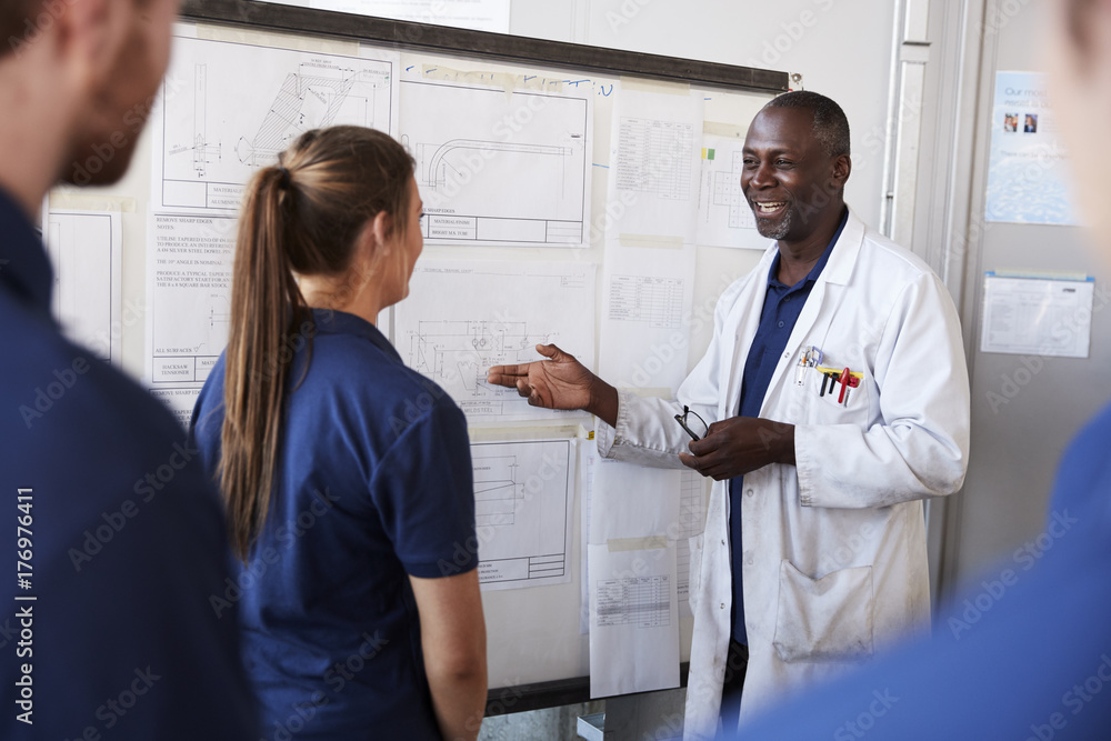 Fototapeta premium Engineer instructing apprentice at white board, close up