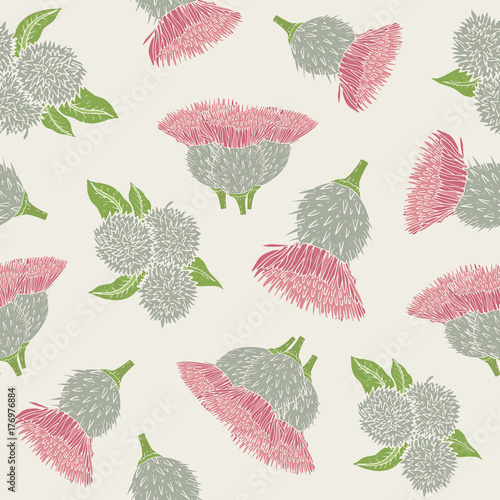 Botanical seamless pattern with burdock prickly heads or burs and leaves. Bea...