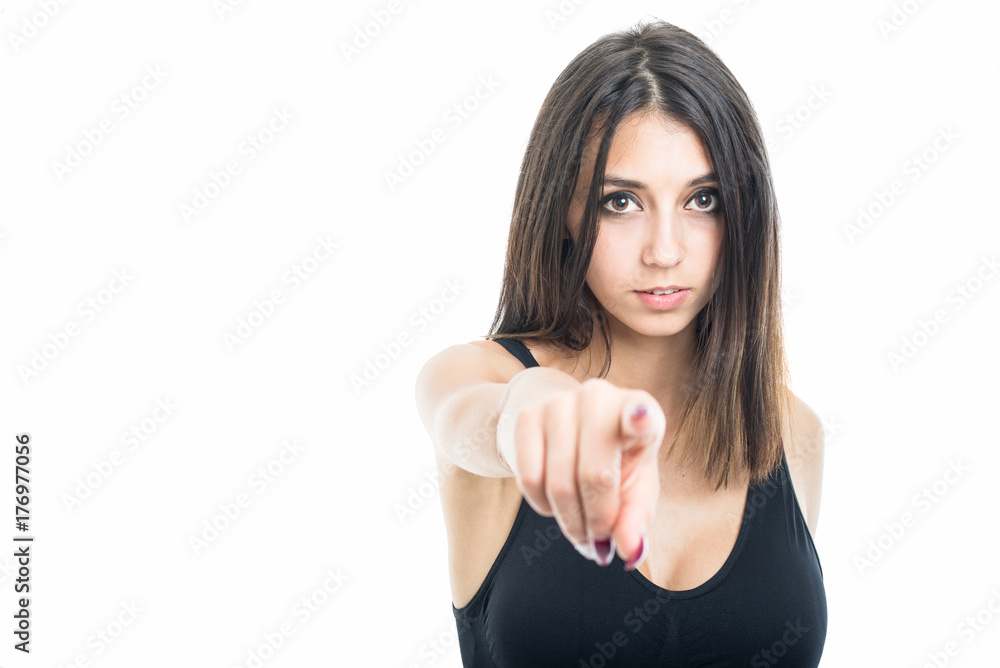 Portrait of fit girl pointing camera Portrait of fit girl pointing camera