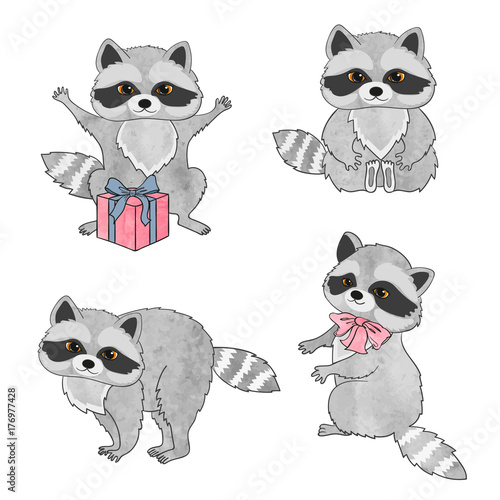 Set of cute raccoons isolat...