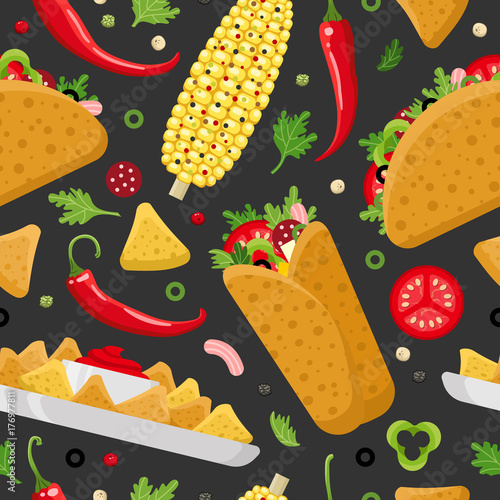 Mexican food seamless pattern. Burrito, taco and nachos. Colorful vector background, cute style.