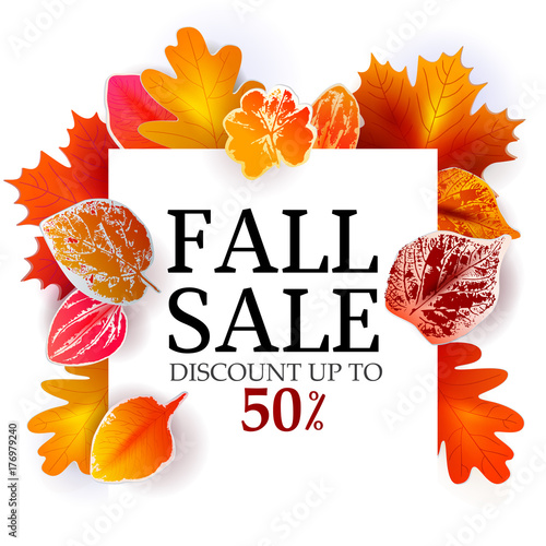 Fall sale poster. Vector Illustration. Autumn Banner Background with Falling stamp and paper cut design Leaves. Bright red and orange colors