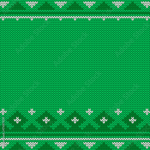Knitted seamless green Christmas pattern with traditional ornament