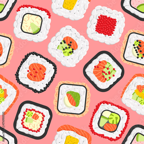 Seamless pattern of cute colored sushi rolls. Vector collection of different flavours and kinds