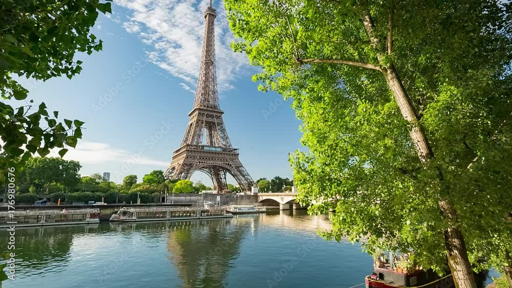 Seine in Paris with Eiffel Tower at sunrise time