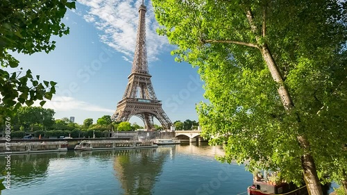 Seine in Paris with Eiffel Tower at sunrise time