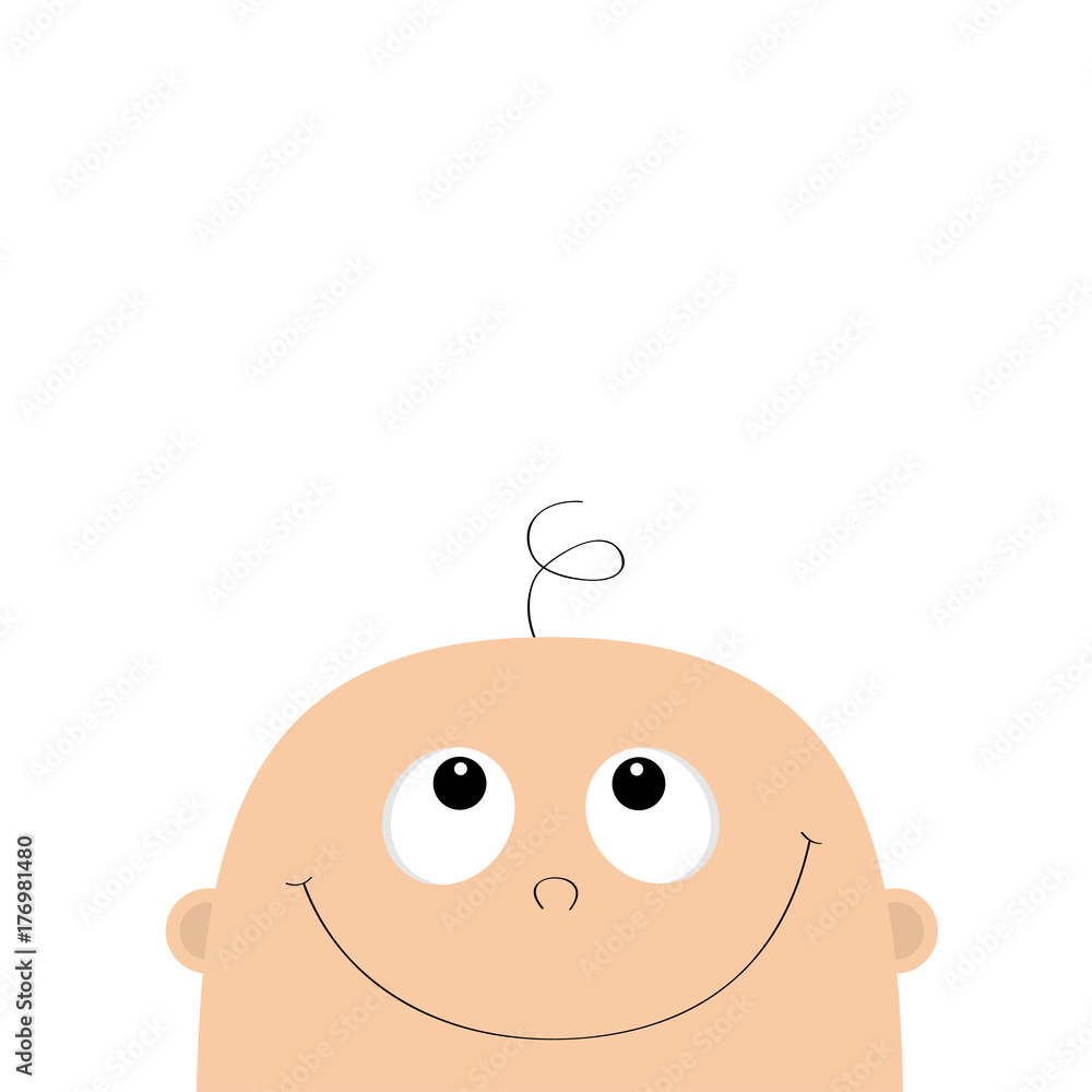 Baby shower greeting card template. Kid face looking up. Cute cartoon  character. Funny head with hair, eyes, nose, smiling mouth. Its a boy. Flat  design style. White background. Isolated. Stock Vector |