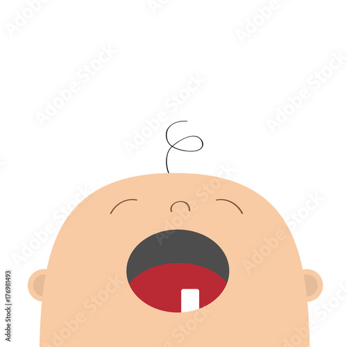 Baby crying greeting card template. Kid face looking up. Cute cartoon character. Funny head with hair, eyes, nose, open mouth tooth. Its a boy. Flat design. White background. Isolated.