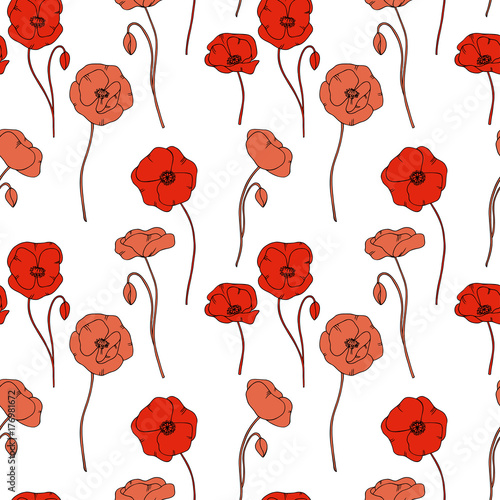 Fototapeta Naklejka Na Ścianę i Meble -  color vector simple  illustration of decorative poppy flower pattern on white background