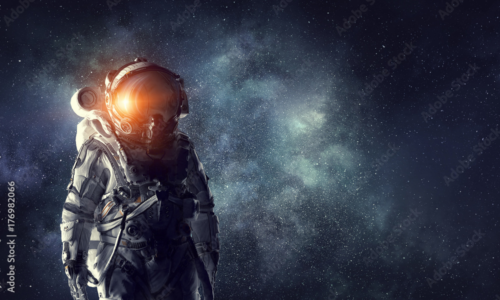 Naklejka premium Astronaut explorer in space. Mixed media