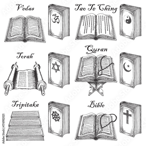 Vector ink hand drawn style world religions holy books set