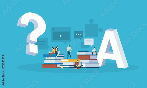 Flat design style web banner for answer to all the questions, FAQ, video tutorials, online trainings. Vector illustration concept for web design, marketing, and print material.