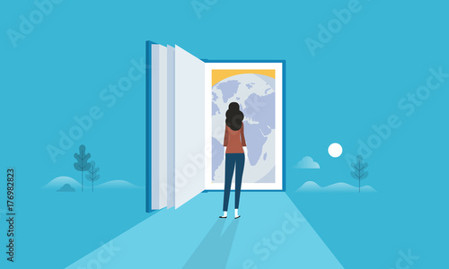 Flat design style web banner for education for all, door to the whole world, global knowledge. Vector illustration concept for web design, marketing, and print material.