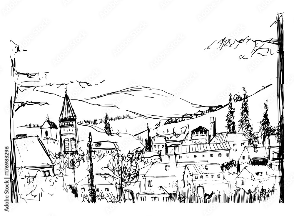 Rough black and white sketch of small ancient Georgian town, buildings and trees against high mountains on background. Drawing of landscape with settlement located on hillside. Vector illustration.