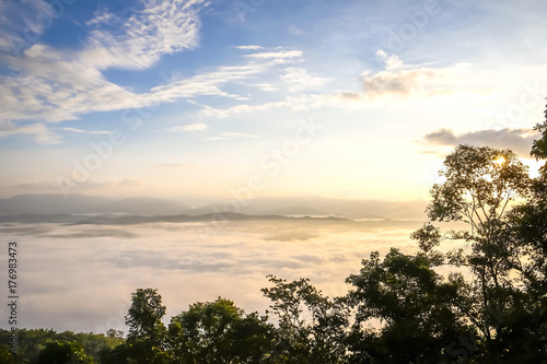 Beautiful mountain view with fog  sunrise scene  Doi Samer Dao mountain in Nan province  Thailand