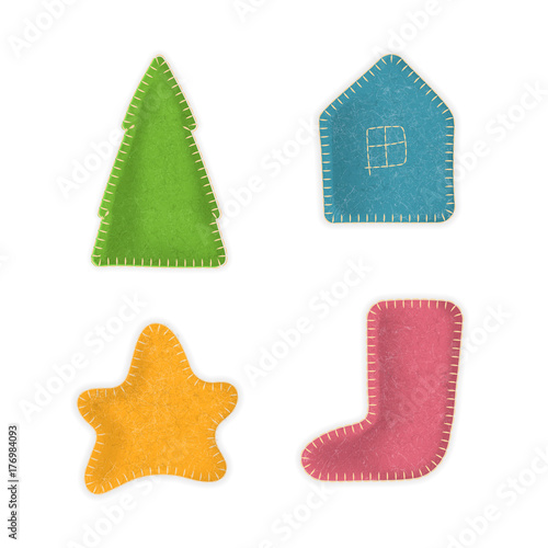 Vector set of hand-made sewn toys. Christmas tree, house, star, stocking made of felt cloth with stitches. For cute holiday design.