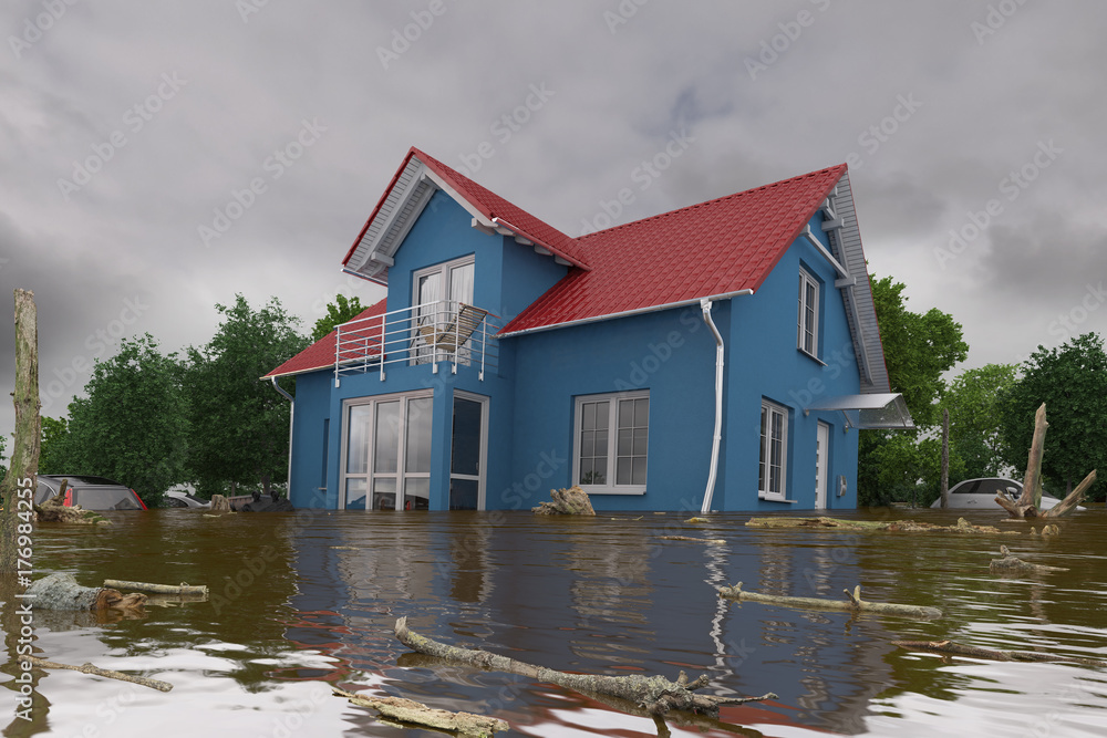 3d render of a flooding blue house - force of nature 3d render of a flooding blue house - force of nature