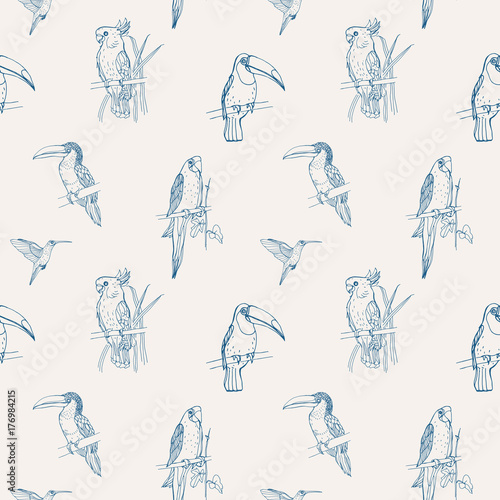 Beautiful tropical seamless pattern with different exotic birds sitting on tree branches and flying on white background. Monochrome vector illustration for wallpaper, fabric print, wrapping paper.