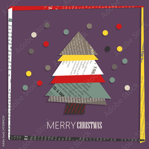 Vector square New Year greeting Card. Christmas tree cut out of colored newsprint paper on a dark background with frame.
