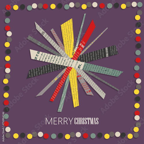 Vector square New Year greeting Card. Snowflake cut out of colored newsprint paper on a dark background with frame of confetti.