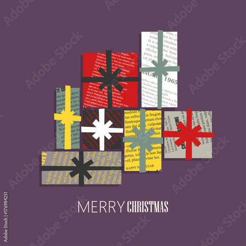 Vector square New Year greeting Card. Gift boxes cut out of colored newsprint paper on a dark background.
