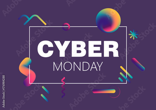 Vector illustration for cyber Monday. White inscription among flying geometric fluid shapes and frame on dark blue background.