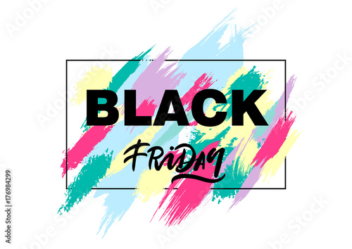 Vector illustration for black Friday. Inscription on a background of pink and blue brush strokes.