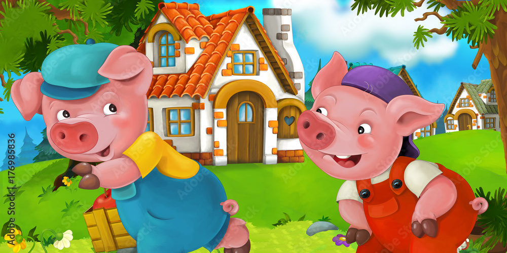 Fototapeta premium Cartoon scene pig farmers near traditional village - illustration for children