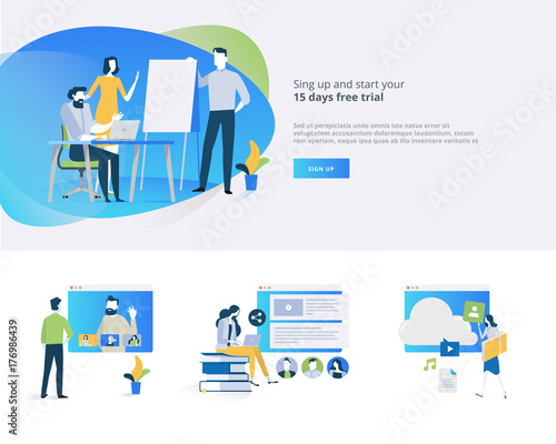Flat design banner and elements of distance education, video tutorial, online training courses, education apps, annual teaching plan, for website design.