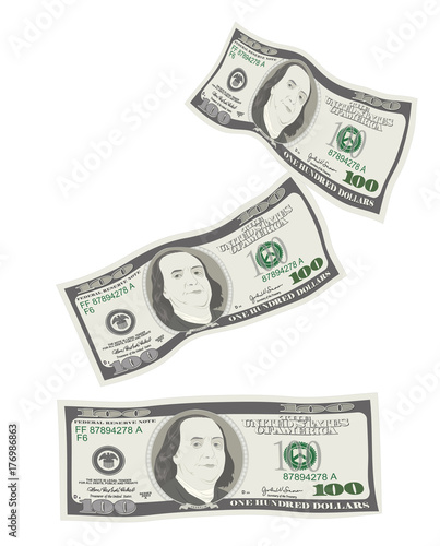 100 Dollars Banknote. Bill one hundred dollars isolated on white background. Concept of prosperity, success, growth in business. Flying, falling currency of US. Vector illustration, flat style.