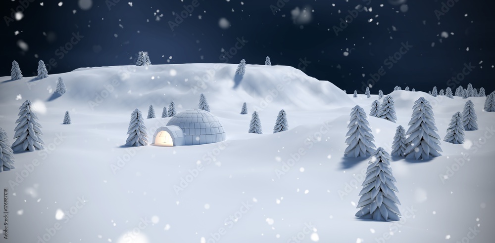 Composite image of illuminated igloo with trees on snow field