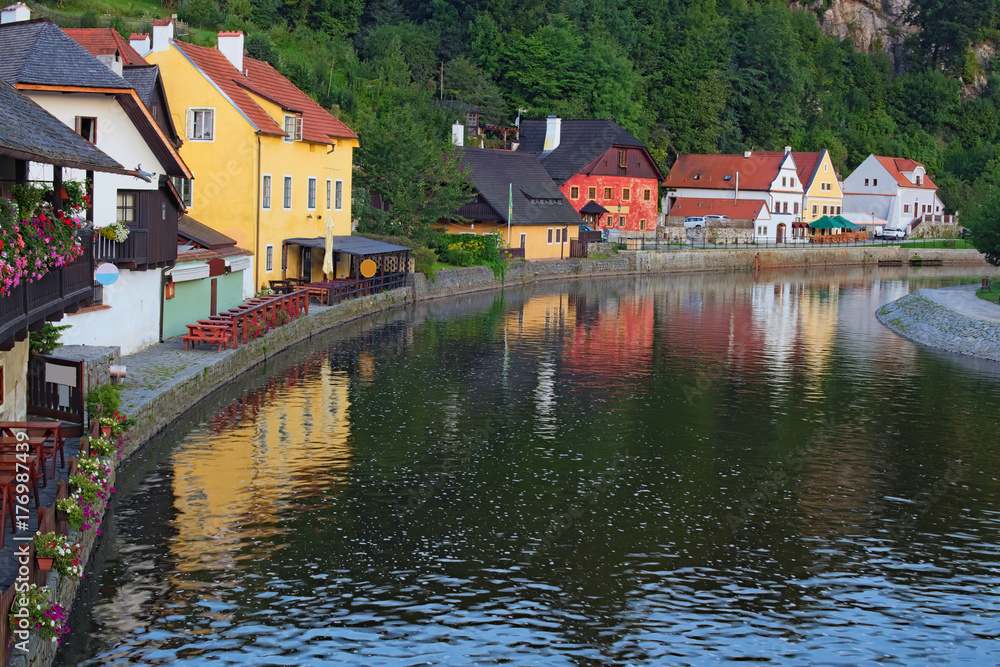 Summer morning at Cesky Krumlov city and Vltava river. Unesco World Heritage site. Czech republic
