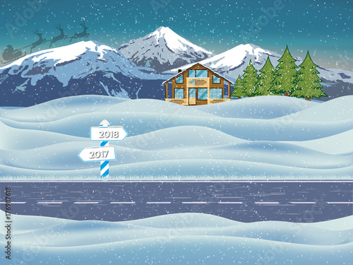 Happy New Year and Merry Christmas. Winter landscape with a small house and a forest at the foot of the mountains. Christmas card. Vector illustration. © angelmaxmixam
