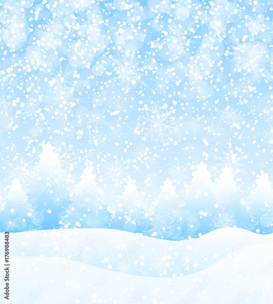Vector winter holidays landscape background with trees, snowflakes and falling snow