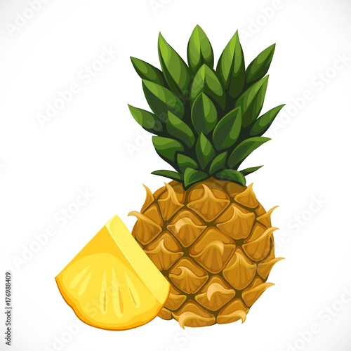 Whole pineapple and sliced slice nearby isolated on a white background