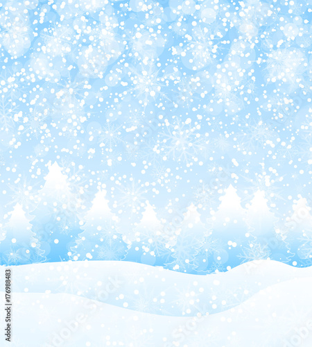 Vector winter holidays landscape background with trees, snowflakes and falling snow