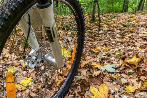 The front wheel of a mountain bike with disc brakes and suspension