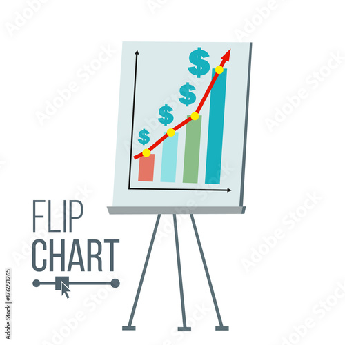Flip Chart Vector. Flat Cartoon Isolated Illustration. Business Info Graphic Presentation. Pie Graph, Briefcase