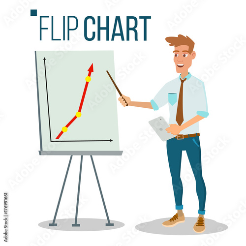Flip Chart Seminar Concept Vector. Man Showing Presentation. Flat Cartoon Isolated Illustration. Business Info Graphic. Pie Graph  Briefcase