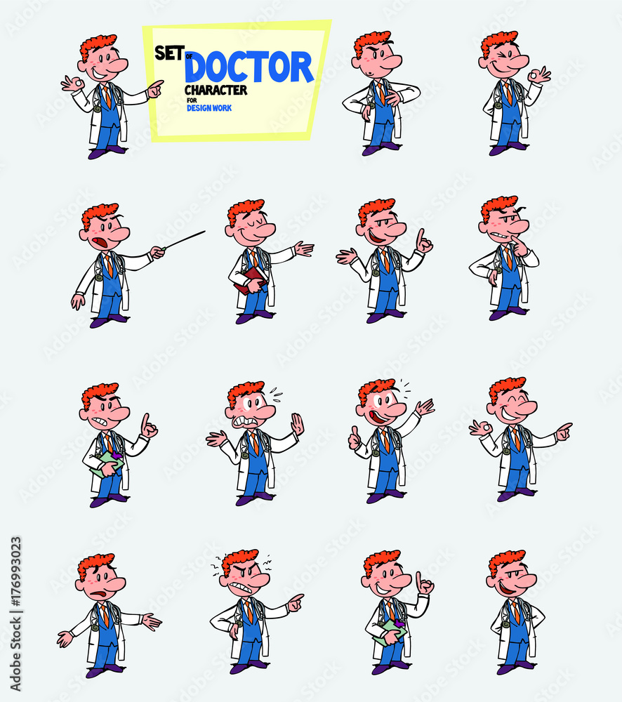Red-haired doctor. Set of postures of the same character in different expressions: sad, happy, angry ... Always showing, as in a presentation, the data you want.