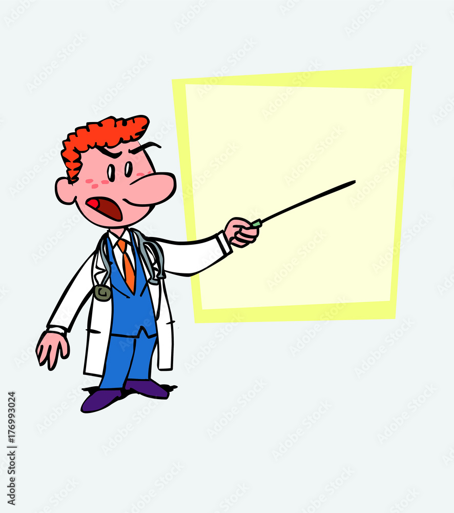 Red-haired doctor points out, angry, with a pointer. Is showing, as in a presentation, the data you want. Red-haired doctor points out, angry, with a pointer. Is showing, as in a presentation, the data you want.