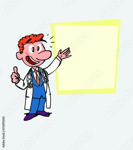 Happy red-haired doctor makes the gesture of ok. Is showing, as in a presentation, the data you want.