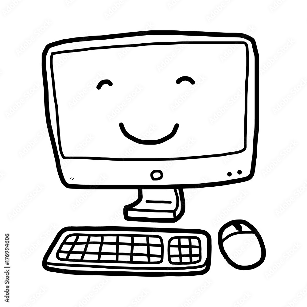 cute computer / cartoon vector and illustration, black and white, hand ...