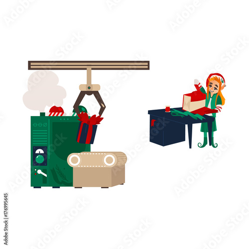 vector flat cartoon hand drawn christmas elf girl standing near table wrapping present box in holiday santa hat and gift factory mahine with conveyor belt. Isolated illustration on a white background