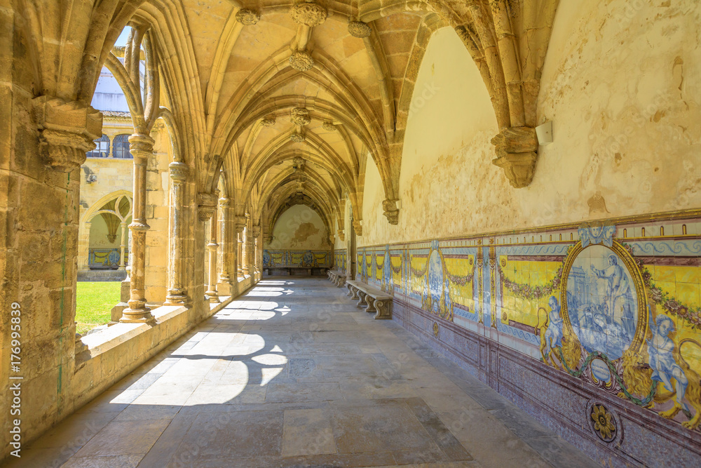 Colonnade with Azulejos of Santa Cruz Monastery. The Church of Santa Cruz is one of the most fascinating religious buildings of Coimbra which was given the status of the National Pantheon of Portugal.