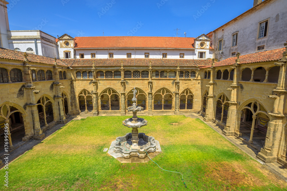 Aerial view of Silence Cloister or Claustro do Silencio of Santa Cruz Monastery and Church one of the most important religious buildings of Coimbra in Central Portugal, Europe. Sunny beautilful day.