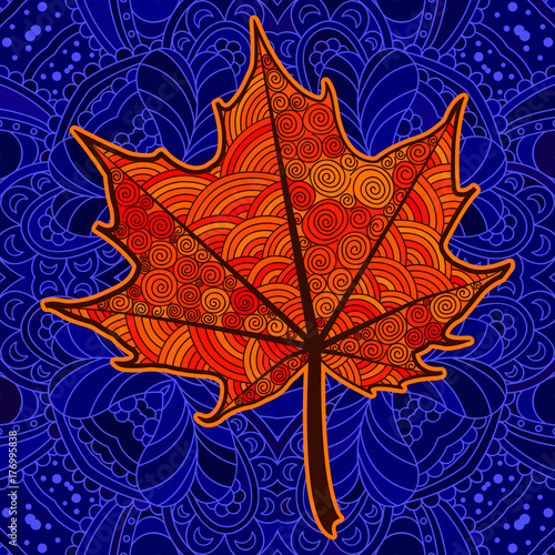 Orange decorative maple leaf.  Vector template for decorating greeting cards, coloring books, art therapy, anti stress, print for t-shirt and textile.