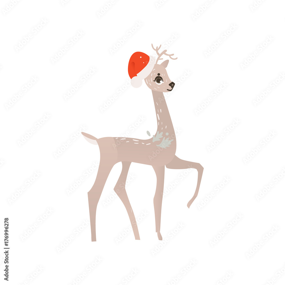 vector flat cartoon cute female christmas reindeer in christmas hat. Winter  holiday deer animal simbol full lenght. Isolated illustration on a white  background. Stock Vector | Adobe Stock